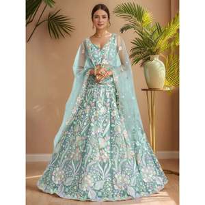 Dazzling Sky-Blue <b>Sequins</b> Net Engagement Lehenga Choli for Women - Product Image 1