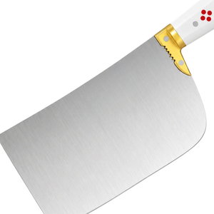 Couteau de boucher en acier inoxydable argenté, manche blanc, design à points rouges, bolster doré, lame large, pour hacher la viande en cuisine - Product Image 5