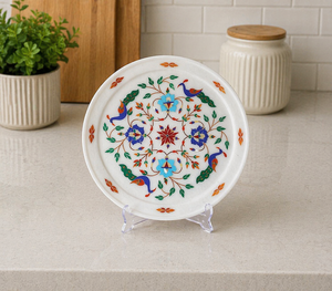 Natural Marble Inlay Plate Round Luxury Handmade Floral Bird Design Decorative Stone Plate for Wall Hanging and <b>Table</b> <b>Display</b> - Product Image 1