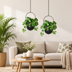Black Metal Hanging Planter <b>Pots</b> with Chains and Round Handle Frames | Modern <b>Small</b> Hanging Flower Holders for <b>Indoor</b> Living - Product Image 5