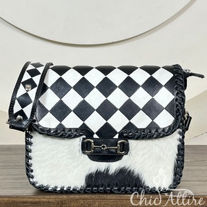 New Western Cowhide <b>Leather</b> Crossbody <b>Bag</b> for Women's Checkered Shoulder Purse Handmade Hair on Sling <b>Bag</b> with Horse Bit Buckle - Product Image 1