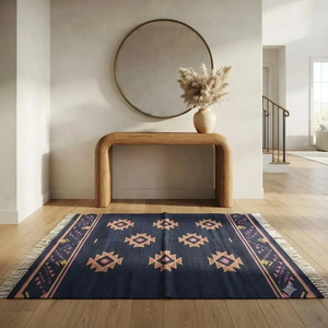Tapis d'intérieur bleu marine en laine et jute, géométrique, style kilim, bohème, tribal du sud-ouest, tissé à la main, pour salon et ferme - Product Image 3