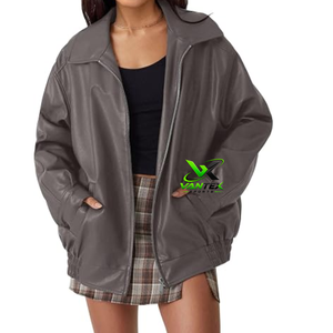 VANTEX Veste décontractée imperméable en cuir PU marron pour femme, fermeture éclair, col rabattu, coupe ample, style bomber - Product Image 6