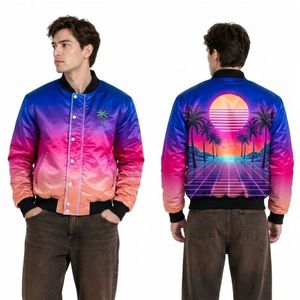 Chaqueta Moderna de Satén con Gráfico de Atardecer de Rejilla Neón Estilo Vaporwave Retro en Rosa Púrpura, Ligera, Transpirable y Casual para Hombre - Product Image 1