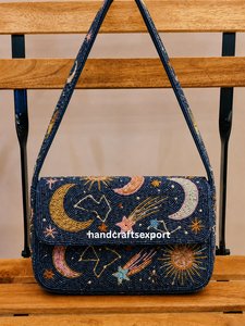 Bolso Bandolera de Lujo Hecho a Mano con Cuentas y Patrón de Luna y Estrella, Bolso de Hombro Seguro y Resistente con Diseño de Bordado Colorido - Product Image 5