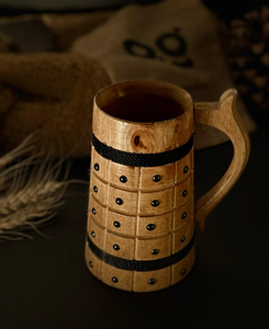 Chope à bière rustique en bois faite à la main, style Viking, moderne, FAIZA CRAFT, certifiée CE, compatible micro-ondes, avec poignée - Product Image 3
