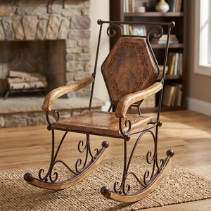 Traditional Wooden <b>Rocking</b> <b>Chair</b> With Metal Frame Solid Back Living Room Furniture Antique Style Home Decor - Product Image 2