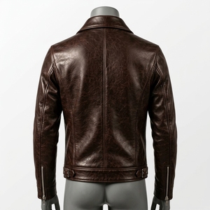 Chaqueta de Cuero Marrón Oscuro para Hombre, Cuello Clásico, Cierre Frontal Completo, Corte Ajustado, Bolsillos con Cierre, Fabricante Mayorista OEM ODM Personalizado - Product Image 4