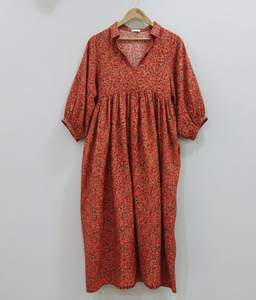 Vestido Túnica Midi Hecho a Mano en India 100% Algodón para Mujer |   Ropa Formal de Oficina Ecológica y Transpirable, Corte en A, Cuello en V, Manga Abullonada, Estampado Floral - Product Image 6