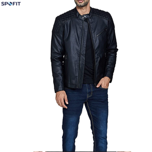 Factory Direct <b>Navy</b> Leather Racer <b>Jacket</b> Diamond <b>Quilted</b> Shoulder Panels Premium Genuine Leather OEM Manufacturer - Product Image 3