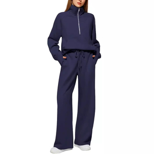 Survêtement femme couleur unie demi-zip, manches longues, coupe ample, pantalon à cordon, tenue décontractée automne, 100% coton, matière respirante - Product Image 2