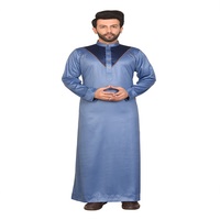 Qamis décontracté bleu en polyester à manches longues pour homme, coupe droite, couleur unie, idéal pour la prière au Moyen-Orient