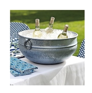 Large Galvanized Steel Round Beverage Tub Hammered Metal <b>Ice</b> <b>Bucket</b> with Ring Handles for Wine, Beer, and Champagne Ciller Tub - Product Image 1