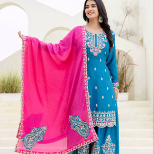 Exclusivo Conjunto de Traje Palazzo Punjabi de Seda Romana Moderna con Bordado Detallado y Dupatta de Organza para Bodas, Diwali y Festividades - Product Image 1
