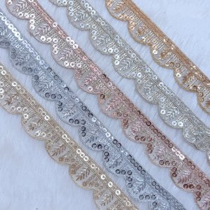 Embroidered Sequin <b>Lace</b> Trim Decorative Floral Border <b>Lace</b> Ribbon for Saree Dress Dupatta Sewing Craft Garment Trim - Product Image 4