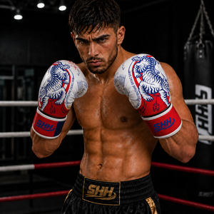 Gants de boxe professionnels de qualité supérieure, rouge, bleu, blanc, logo personnalisé, lacés, en PU léger, imperméables, à doigts entiers, pour la boxe thaïlandaise et le kick-boxing - Product Image 4