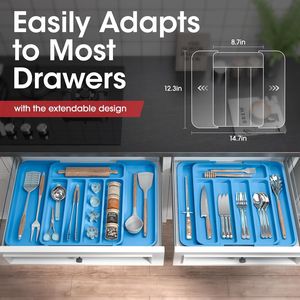 Organisateur de couverts ajustable et extensible pour tiroir de cuisine, pour fourchettes et couteaux, organisateur de tiroir multifonctionnel - Product Image 2