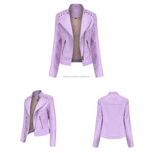 Lavande fermeture éclair Moto Biker Style ajusté matelassé point cuir vestes pour femmes avec dentelle Accents poches zippées automne élégant - Product Image 4