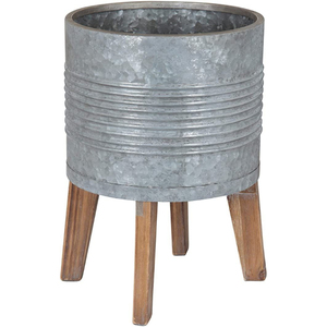 Vente en gros de jardinières en métal galvanisé avec support en bois, pour l'intérieur et l'extérieur, pot cylindrique en fer autoportant, décoration de jardin à domicile - Product Image 1