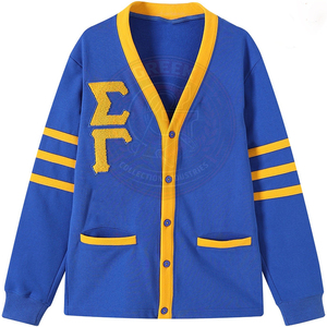 เสื้อคาร์ดิแกนถักไหมพรมสีน้ำเงินซิกมาสำหรับสตรี  ผ้าฝ้าย 100% ปักลายกรีก ตัวอักษร SGR แขนยาว คอวี  แบบ C Wear - Product Image 1