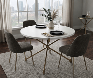 Table à manger moderne ronde en placage de bois blanc avec cadre et pieds en fer doré en forme d'étoile, table en bois contemporaine - Product Image 4