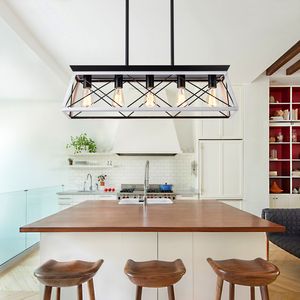 Lustre suspendu industriel moderne 32 pouces à 5 lumières en fer et bois noir et blanc, design cage métallique réglable pour salle à manger - Product Image 1