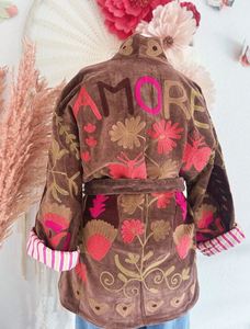 Brown Floral Embroidery Velvet Kimono <b>Cardigan</b> Long Sleeve Loose Fit Wrap Tie Midi Length Autumn Casual Wear Beautiful Elegant - Product Image 2