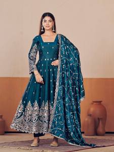 Teal Silk Anarkali <b>Suit</b> With Embroidered Dupatta Traditional Indian <b>Wedding</b> <b>Dress</b> <b>Women</b> Floor-Length Regular Fit - Product Image 2