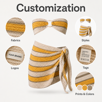 OEM ODM Personnalisé Bikini trois pièces en maille ajourée rayée avec haut bandeau à anneau en O et paréo assorti, Maillot de bain de plage pour femme, Vente en gros