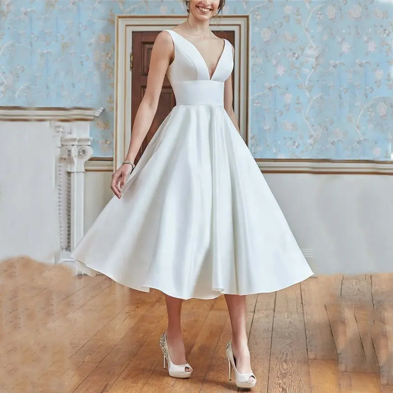 Intiflower F58 Newest Design A-Line Dress Women Summer V Neck Sleeveless Elegant Midi Slit Formal Party Dress