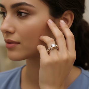 Anillo de compromiso de lujo con diseño de espiral infinita en oro, conjunto con anillo nupcial único de halo de tallo dividido y diamante - Product Image 4