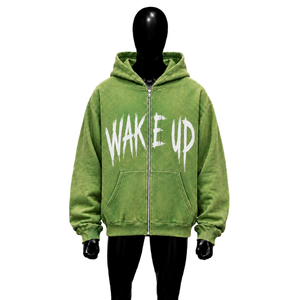 Oversized Green <b>Zip</b> <b>Up</b> <b>Hoodie</b> Wake <b>Up</b> <b>Graphic</b> Print Streetwear Men's Casual Full Zipper Hooded Sweatshirt Urban Fashion Wear Fit - Product Image 1