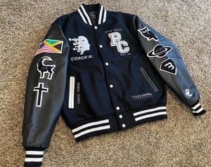 Custom Embroidered Varsity Jacket Unisex Preppy Style Stand Collar PU Leather Sleeve Letter N Glasses Globe Bow <b>Tie</b> Winter Wear - Product Image 4