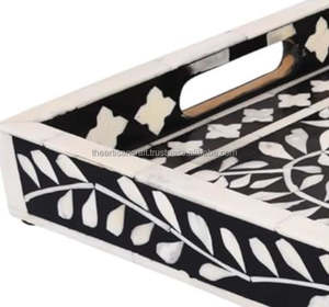 Plateau en bois d'incrustation d'os artisanal plateau de service polyvalent ou plateau décoratif en bois métal bambou marbre - Product Image 5