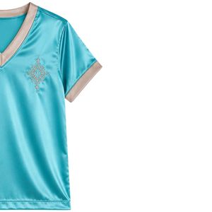 ชุดนอนผ้าซาตินสีฟ้าเทอร์ควอยซ์สำหรับผู้หญิง คอวี แขนสั้น เสื้อและกางเกงขาสั้น แต่งขอบสีเบจ ชุดนอนนุ่มสบาย รับผลิตตามสั่ง (OEM) - Product Image 3