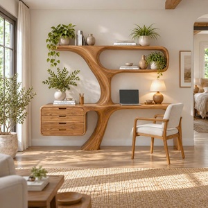 Bureau mural moderne artisanal en bois avec étagères en forme d'arbre et tiroir pour bureau à domicile, étagère en bois massif naturel - Product Image 6