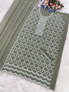 Ensemble Salwar en Rayonne Vert Olive Brodé pour Femme avec Dupatta – Tenue Traditionnelle Indienne et Pakistanaise Coupe Ample Longueur Ras du Sol - Product Image 2