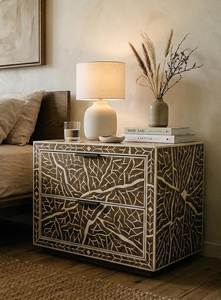 Mesita de Noche Premium con Incrustaciones de Hueso, con Elegantes Incrustaciones Florales y Construcción de Madera Duradera para Dormitorios Contemporáneos - Product Image 2