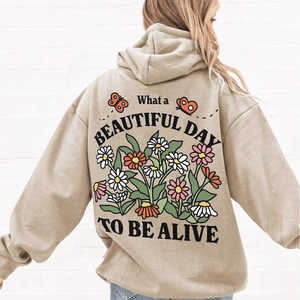 Sudadera con capucha extragrande de invierno para mujer, beige, con estampado gráfico en la espalda, manga larga, estilo casual urbano, holgada, de forro polar - Product Image 1