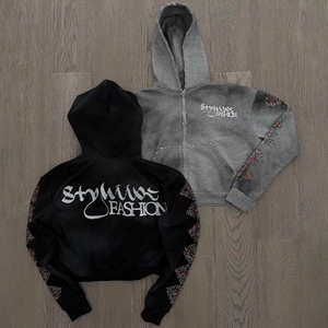 Streetwear Vintage <b>Washed</b> Zip-Up Tracksuit Set Mens Thick Cotton Hoodie & Sweatpants with Custom Embroidery and Rhinestone - Product Image 2