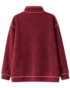 Sweat-shirt personnalisé épais pour femme, couleur bordeaux, en polaire oversize, avec col à boutons-pression et poche kangourou, surpiqûres contrastées - Product Image 2