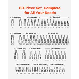 Jeu de douilles Torx de 1/4 pouce, 60 pièces, T25 et T30, en acier allié S2 et en acier Cr-V - Product Image 3