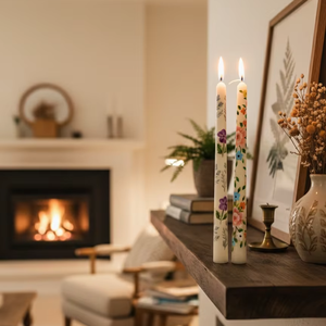 Ensemble de bougies coniques en cire de soja et de paraffine peintes à la main avec motifs floraux (lot de 2) pour la décoration de la maison, les mariages, Noël et les événements spéciaux - Product Image 2