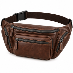 Sac banane en cuir personnalisé avec logo, unisexe, sac bandoulière, plusieurs compartiments zippés, ceinture réglable, sac banane de voyage et d'extérieur - Product Image 1