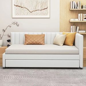 Divano letto imbottito in tessuto di lino beige con letto estraibile, misura singola, senza bisogno di rete a molle - Product Image 2