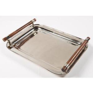 Bandeja rectangular de metal con diseño de madera, muy vendida, para servir comida en la mesa, ideal para hogares, hoteles y restaurantes. - Product Image 1