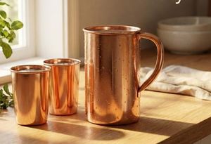 Copper <b>jug</b> set for refined premium decorative hosting water serving metal set with glasses durable reusable kitchen dining <b>drink</b> - Product Image 4