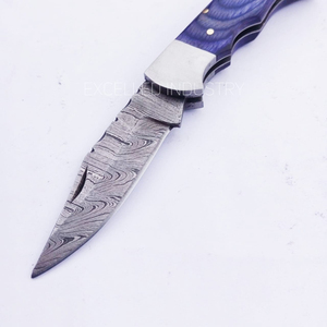 <b>Back</b> Lock Handmade Damascus Steel DIY Multifunctional <b>Drop</b> Point Folding Knife Pakka Wood Handle with Leather Sheath - Product Image 4