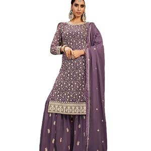 Traje Sharara de Diseño Moderno con Bordado de Lentejuelas en Georgette Sintético Pesado, Sari Pakistaní de Alta Calidad para India - Product Image 1