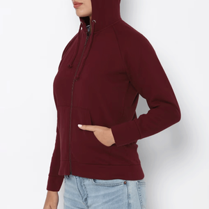 เสื้อฮู้ดซิปผ้าฝ้ายพิมพ์ลายตามสั่งสำหรับผู้หญิง ระบายอากาศได้ดี สวมใส่สบายในฤดูหนาว สีแดงเบอร์กันดี ปรับแต่งสีได้ พร้อมโลโก้ด้านหน้า - Product Image 3